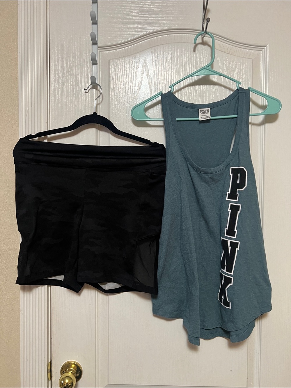 PINK Teal Racerback Tank with Black camo Athletic Shorts